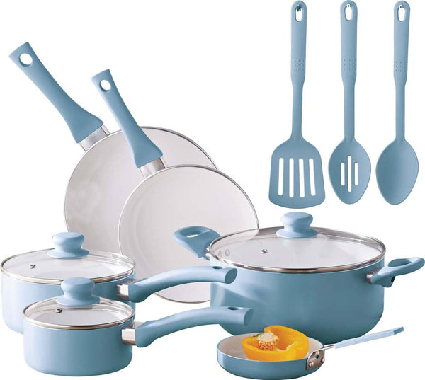 Mainstays 12pc Ceramic Cookware Set, Blue Linen